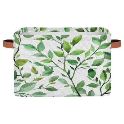Tablerazzi Eucalyptus Leaf Large Fabric Storage Basket for Shelves Organizing, Rectangular Closet Organizer with Handles, Sage Green Spring Decorative Foldable Closet Storage Basket