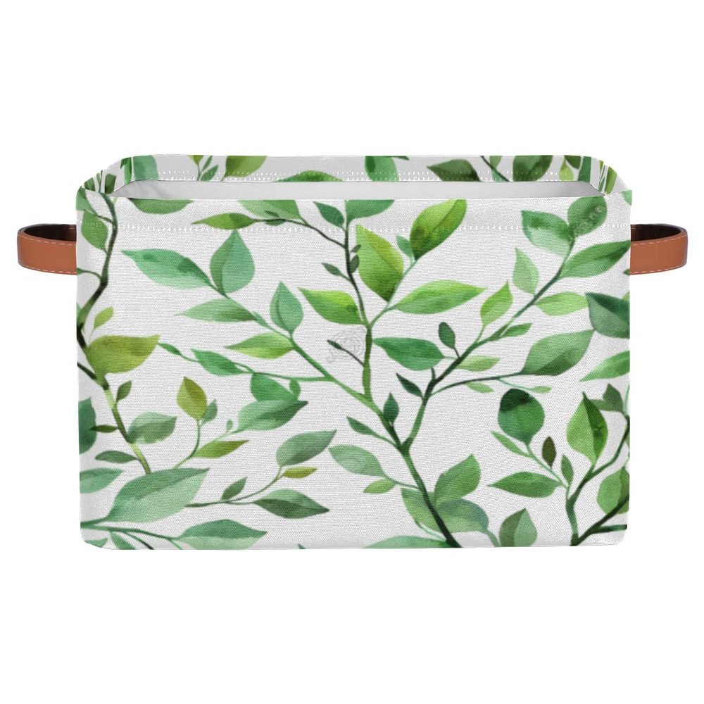 Tablerazzi Eucalyptus Leaf Large Fabric Storage Basket for Shelves Organizing, Rectangular Closet Organizer with Handles, Sage Green Spring Decorative Foldable Closet Storage Basket