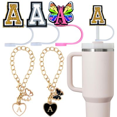 (3+2) 3PCS Straw Covers Cap for Tumblers with 3PCS Initial Letter Charms 10mm Straw Toppers Compatible with 30&40 oz Stanley Cup Accessories (Letter A)