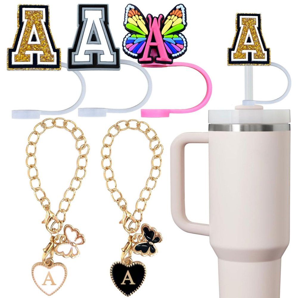 (3+2) 3PCS Straw Covers Cap for Tumblers with 3PCS Initial Letter Charms 10mm Straw Toppers Compatible with 30&40 oz Stanley Cup Accessories (Letter A)