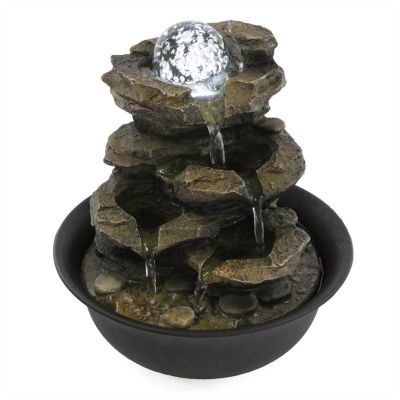 Desktop Fountain Desktop Fountain 4 Layers Resin Rock Waterfall Tabletop Fountain with LED Light Office Desk Lucky Decoration Water Fountains Meditation Fountain