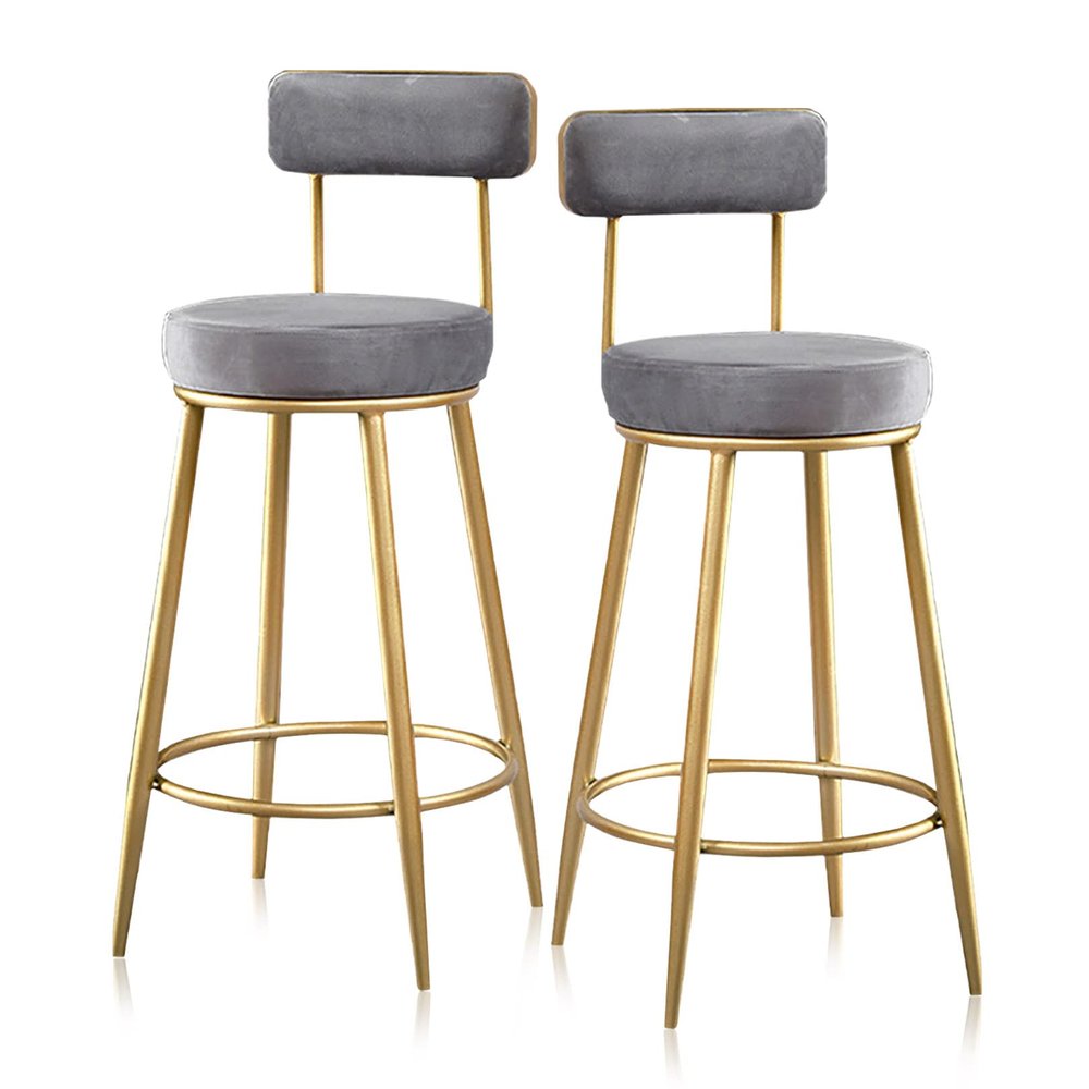 ANram Breakfast Bar Chairs Set of 2 Counter Bar Stools for Kitchen Island, Breakfast Chair with Backrest & Gold Metal Legs, 25.6'' H,, 34cm X 34cm, Grey