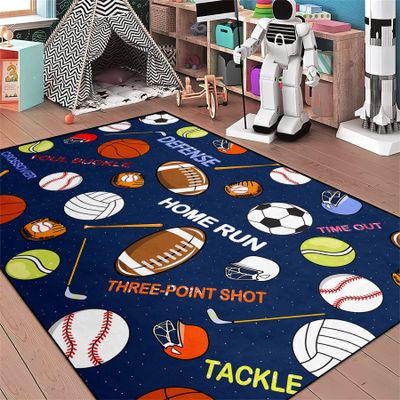 kodhyvj Navy Blue Sport Rugs Boys Rugs for Bedroom Kids Rug Balls with Soccer Ball, Basketball, Football, Tennis Ball Playroom Rug for Home Decor, 5'x7'