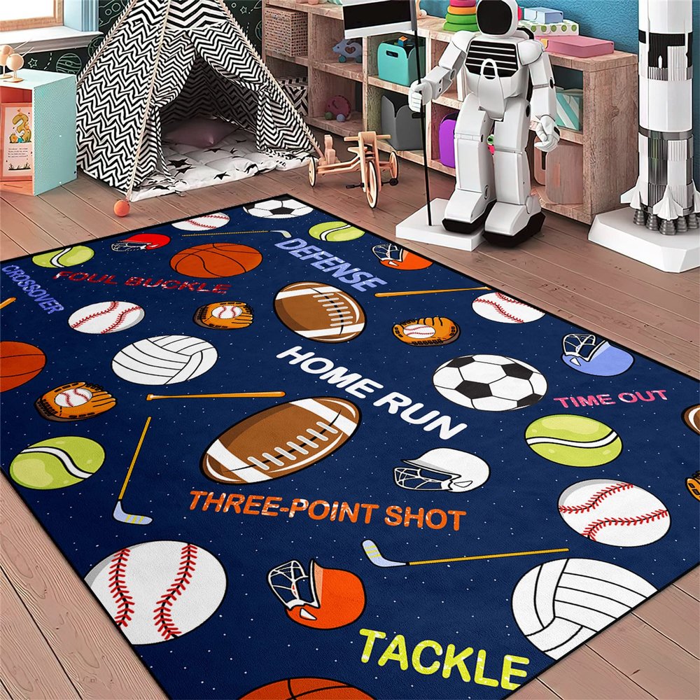kodhyvj Navy Blue Sport Rugs Boys Rugs for Bedroom Kids Rug Balls with Soccer Ball, Basketball, Football, Tennis Ball Playroom Rug for Home Decor, 5'x7'