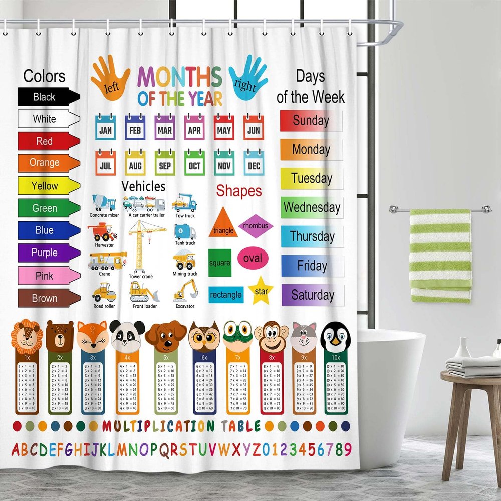 Funny Kids Shower Curtain, ABC Educational Restroom Curtain with Vehicle Smathematical Knowledge for Boys Girls, Gute Pupil Students Learning Tools Cloth Fabric Bathroom Accessories Decor with Hooks