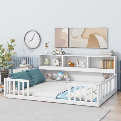 CITYLIGHT Full Size Floor Bed with Rails, Wood Montessori Floor Bed with Bookcase and Shelves, Kids Full Bed Frame for Boys,Girls, White
