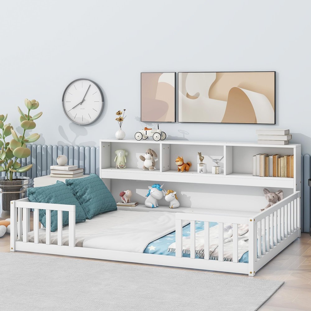 CITYLIGHT Full Size Floor Bed with Rails, Wood Montessori Floor Bed with Bookcase and Shelves, Kids Full Bed Frame for Boys,Girls, White
