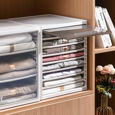 Closet Organizer, Clothes Organizer for Folded Clothes, Plastic Closet Organizers and Storage, Stackable Storage Bins with Lids, Drawer Organzier,Grey,3 Partitions