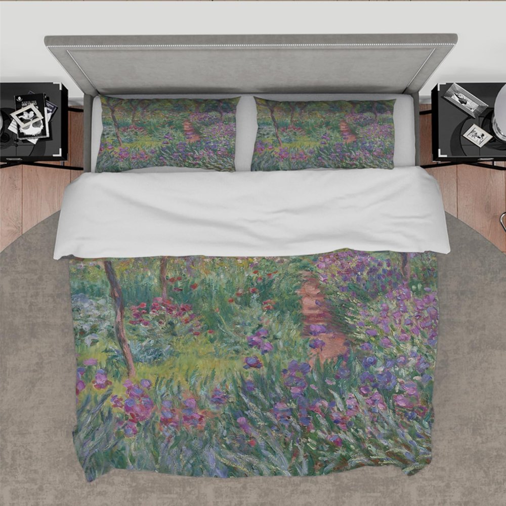 RIVINE Claude Monet Style Duvet Cover Set 3 Pieces The Iris Garden at Giverny Breathable Bedroom Bedding Set with 2 Pillow Shams Zipper 4 Ties Queen