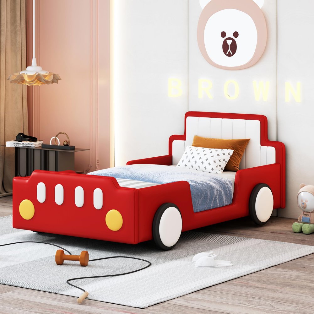 Twin Size Race Car-Shaped Platform Bed with Wheels, Wooden Car Platform Bed Frame with PU Leather Upholstered Headboard and Footboard, Safety Guardrail, No Box Spring Required (Red * Guardrail)