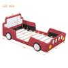 Twin Size Race Car-Shaped Platform Bed with Wheels, Wooden Car Platform Bed Frame with PU Leather Upholstered Headboard and Footboard, Safety Guardrail, No Box Spring Required (Red * Guardrail) view 2