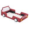 Twin Size Race Car-Shaped Platform Bed with Wheels, Wooden Car Platform Bed Frame with PU Leather Upholstered Headboard and Footboard, Safety Guardrail, No Box Spring Required (Red * Guardrail) view 4