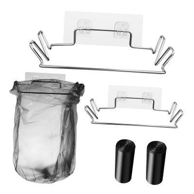 Ciieeo Portable Trash Bag Holder Rack over The Door Trash Bag Dispenser Stainless Steel Kitchen Cabinet Door Hanger Garbage Storage Organizer for Pantry