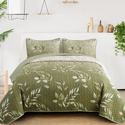 Anibedding Floral Queen Quilt Set,3 Piece Olive Green Flower Pattern Bedspread Coverlet Set for All Season,Gradient Green Soft Lightweight Microfiber Bedding Set (96"90")