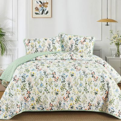 Anibedding Floral Quilt Set King Size,3 Pieces Green Flower Parrten Bedspread Coverlet,Garden Style Soft Lightweight Micorfiber Bedding Set with 2 Pillowcases for All Seaaon (104"90",Green)