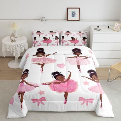 Erosebridal Black Ballet Girl Comforter Set Twin Pink Princess Bedding Set Cute American African Kids Comforter Sets for Girls,Kawaii Love Heart Toddler Bed Set Reversible Colorful Stars Print