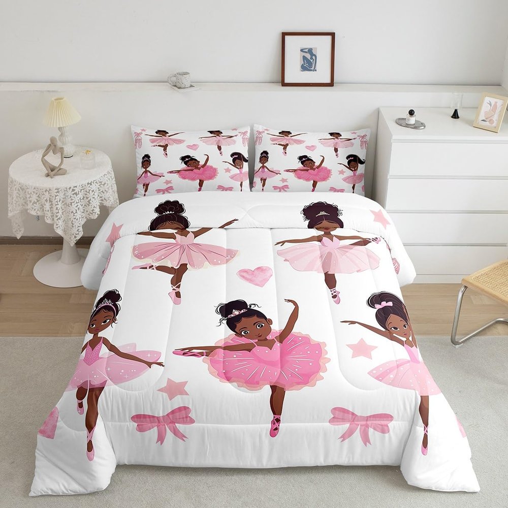 Erosebridal Black Ballet Girl Comforter Set Twin Pink Princess Bedding Set Cute American African Kids Comforter Sets for Girls,Kawaii Love Heart Toddler Bed Set Reversible Colorful Stars Print