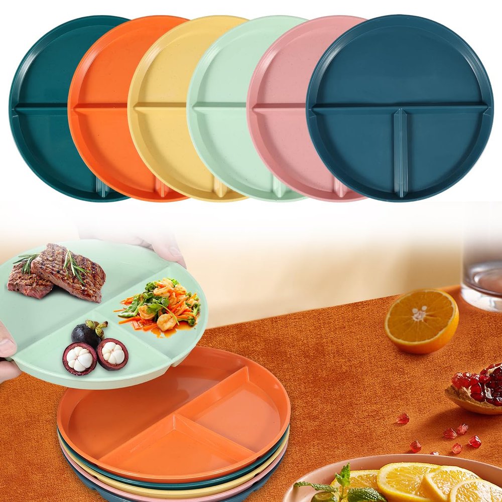 6Pcs Unbreakable Divided Dinner Plates for Adults 9in, Deep Dinner Plates, Divided Design for Picky Eaters,Compartment Plates, Lightweight Reusable Portion Control Plates for Kids Adults Seniors
