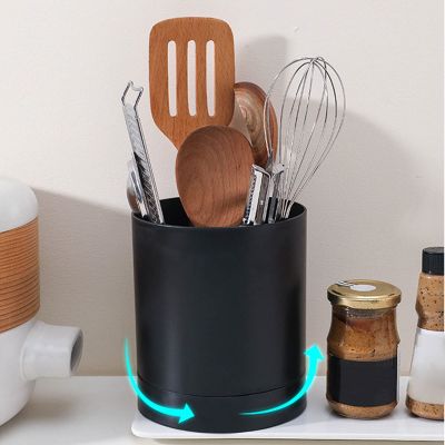 Utensil Holder, 360 Degree Rotatable Simple Chopstick Basket Tableware Storage Container, Compartment Design Large Kitchen Utensil Holde Countertop Organizer for Home Kitchen(Black)