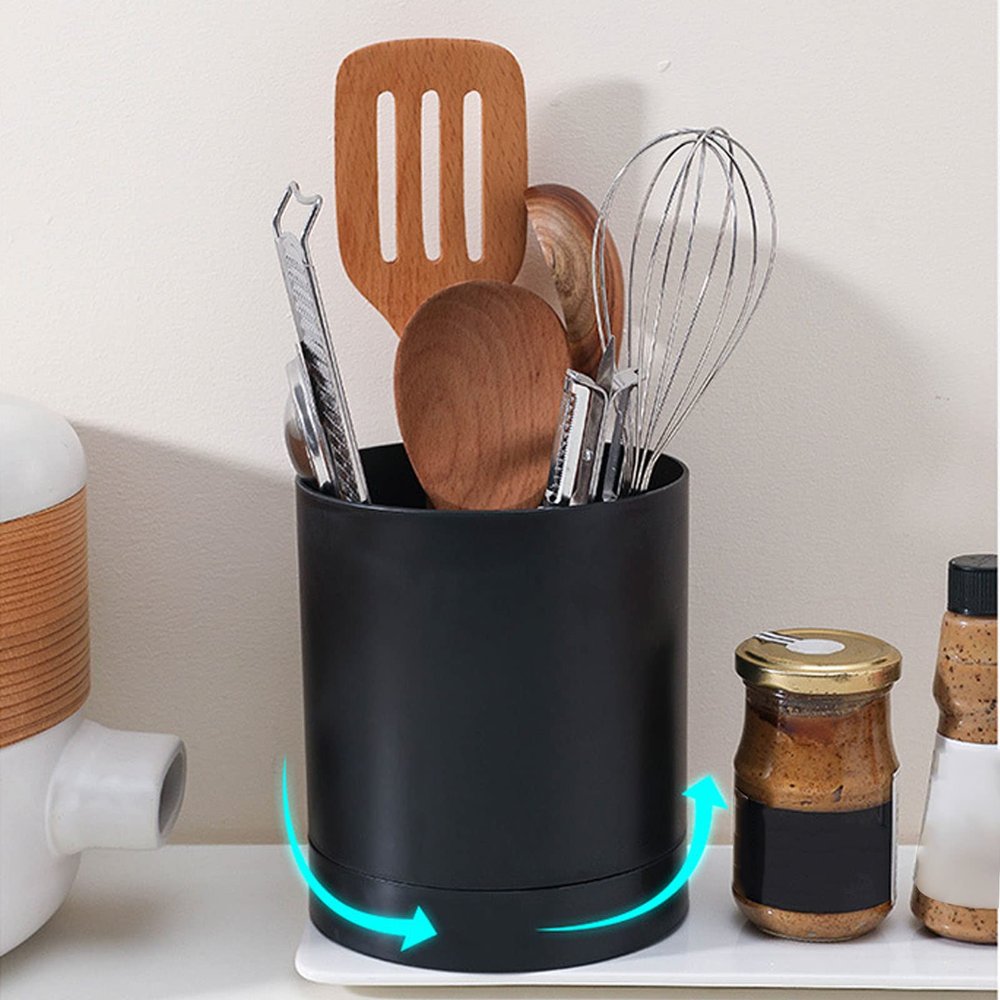 Utensil Holder, 360 Degree Rotatable Simple Chopstick Basket Tableware Storage Container, Compartment Design Large Kitchen Utensil Holde Countertop Organizer for Home Kitchen(Black)