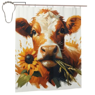 Augenstern Farm-Cow-Sunflower Waterproof Polyester Shower Curtain with Grommets and Hooks for Bathroom
