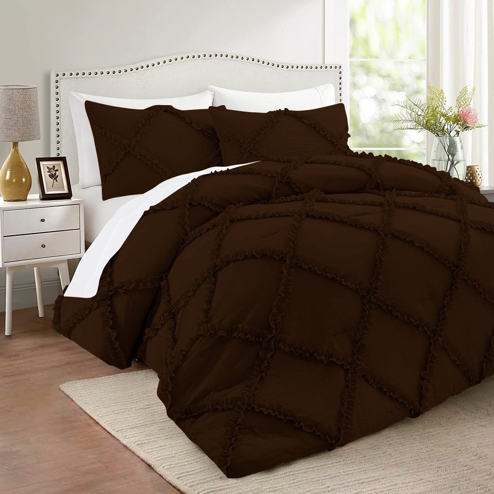 Olivia Rocco Diamond Ruffle Comforter Set 1 Pieces 100% Egyptian Cotton 1000 Thread Count Luxurious Bedding 400 GSM Oversized Super King Size (120'' X 98'') Chocolate Solid, WNBJ5K-KEHD4JS86