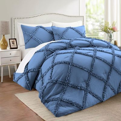 Olivia Rocco Diamond Ruffle Comforter Set 3 Pieces 100% Egyptian Cotton 1000 Thread Count Luxurious Bedding 400 GSM King/California King Size (94'' X 104'') Medium Blue Solid, WNBJ5K-KEHD4JS150