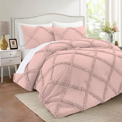 Olivia Rocco Diamond Ruffle Comforter Set 1 Pieces 100% Egyptian Cotton 1000 Thread Count Luxurious Bedding 400 GSM Super King Size (116'' X 98'') Blush Solid, WNBJ5K-KEHD4JS73