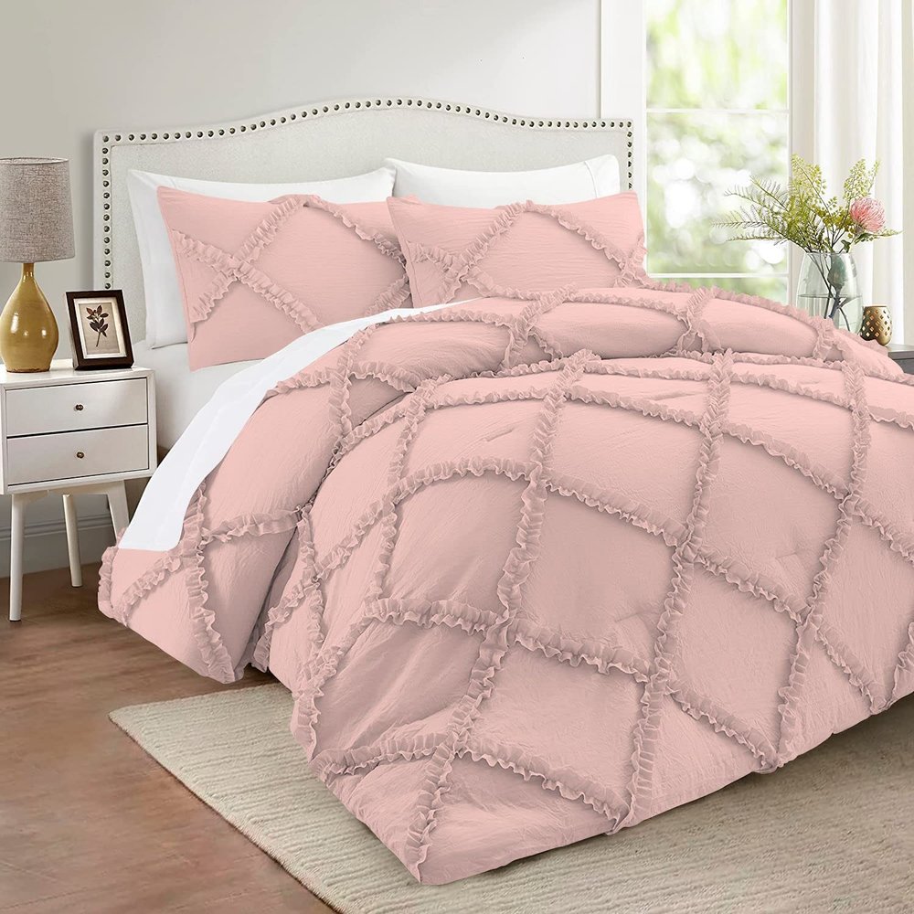 Olivia Rocco Diamond Ruffle Comforter Set 1 Pieces 100% Egyptian Cotton 1000 Thread Count Luxurious Bedding 400 GSM Super King Size (116'' X 98'') Blush Solid, WNBJ5K-KEHD4JS73
