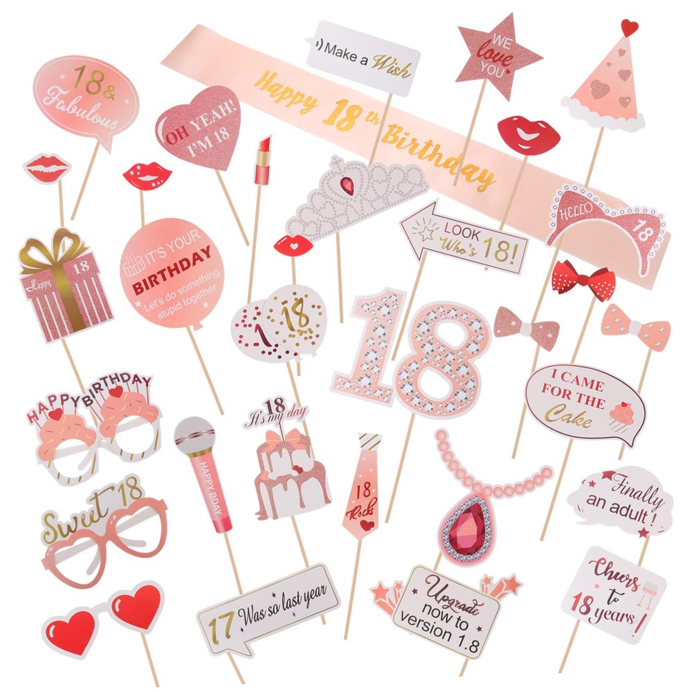Alipis 33pcs Birthday Photo Booth Props Creative Decorations for Memorable Parties Includes Fun Props Elegant Shoulder Strap for Celebrations