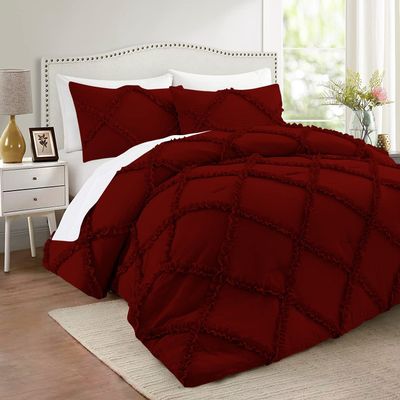 Diamond Ruffle Comforter Set 3 Pieces 100% Egyptian Cotton 1000 Thread Count Luxurious Bedding 400 GSM Grand King Size (106'' X 106'') Burgundy Solid