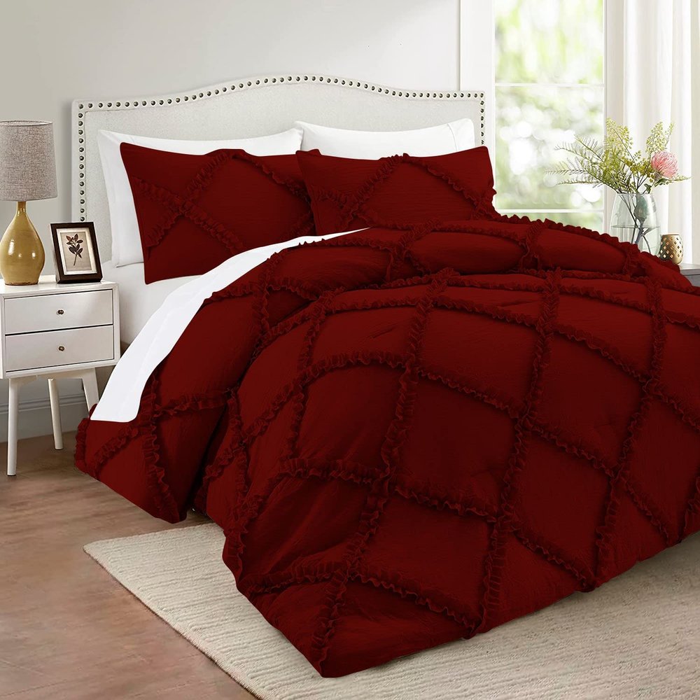 Diamond Ruffle Comforter Set 3 Pieces 100% Egyptian Cotton 1000 Thread Count Luxurious Bedding 400 GSM Grand King Size (106'' X 106'') Burgundy Solid