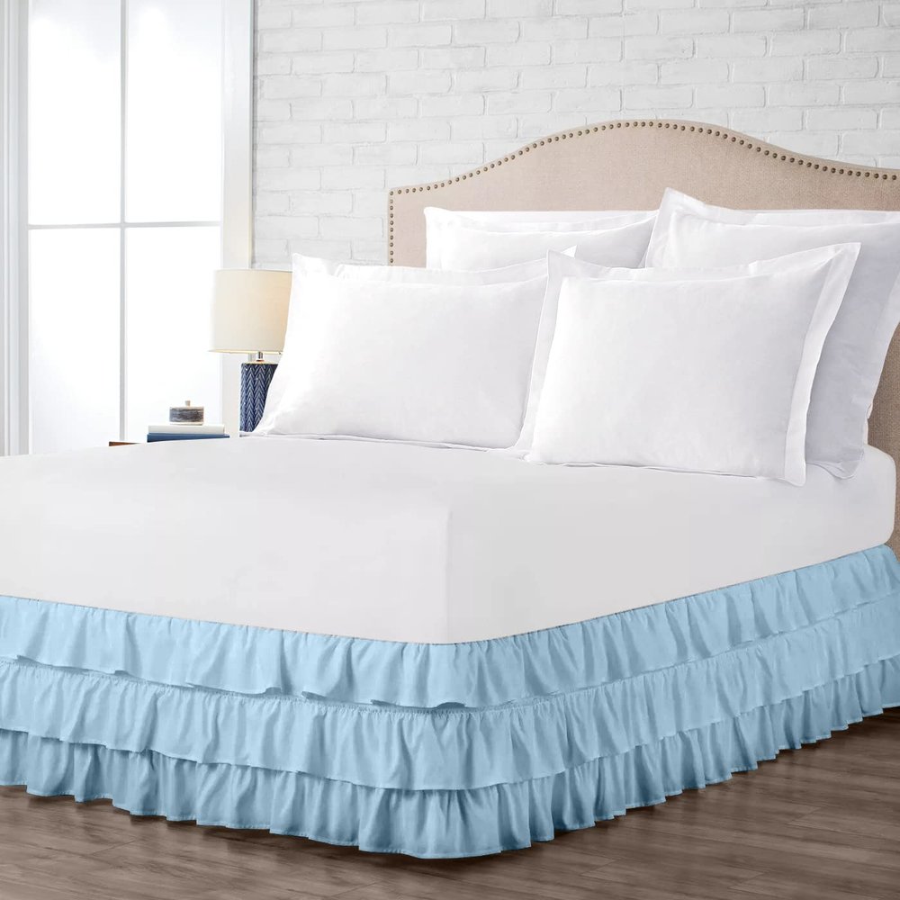 Multi-Ruffle Bed Skirt, Soft Multi Elastic Dust Ruffles with Wrap Around Bed Skirt Easy Fit with 18 Inch Drop 100% Cotton 800 Thread Count (Twin XL, Light Blue)
