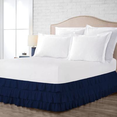 Multi-Ruffle Bed Skirt, Soft Multi Elastic Dust Ruffles with Wrap Around Bed Skirt Easy Fit with 18 Inch Drop 100% Cotton 800 Thread Count (Short Queen, Navy Blue)