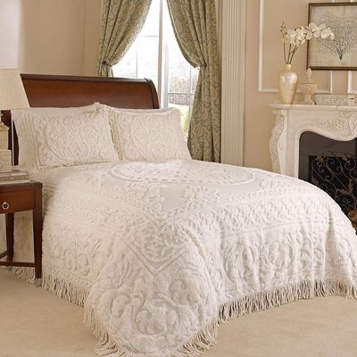 HomeLoft Basics King Size 100% Cotton Chenille Bedspread in White Ivory Light Beige Ecru with Fringe Sides