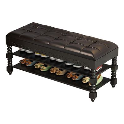 PU Leather Long Shoe Rack Bench for Entryway, Bedroom Bench, Vintage Shoe Organizer with Seat Cushion, Lift Top Storage Box (Black 100 x 30 x 48 cm)