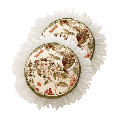 ISAENNE Design Round Vintage Cottage Throw Pillow Covers Diameter 16" Set of 2, Green Soft Velvet Cushion Cover with White Wild Floral Pattern Decor Pillowcases for Bed,Living Room,Outdoor,Car