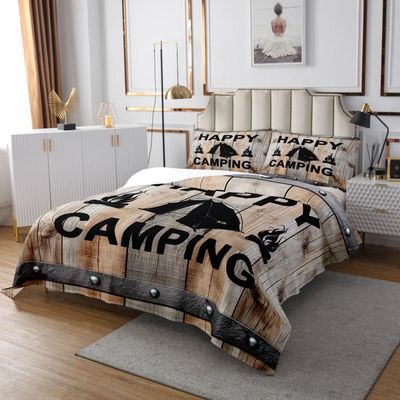 Happy Camping Bedspread Set Queen Size for Kids,Boys Girls Vintage Brown Wooden Quilt Set Camper Bedspread Coverlet Country Style Bedspread 3 Piece Decorative Bedding Quilted with 2 Pillow Shams