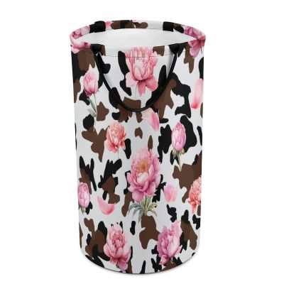Vintage Animal Cow Print Laundry Basket Large Volume,Rustic Western Farmhouse Black Cowhide Skin Floral Dirty Clothes Basket Hampers Storage for Dorm And Family 15.7W" X27.2H"