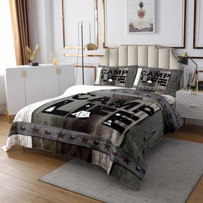 Camper Lover Bedspread Set Queen Size for Kids,Boys Girls Happy Camping Quilt Set Rustic Green Wooden Coverlet Rustic Farmhouse Bedspread 3 Piece Decorative Bedding Quilted with 2 Pillow Shams