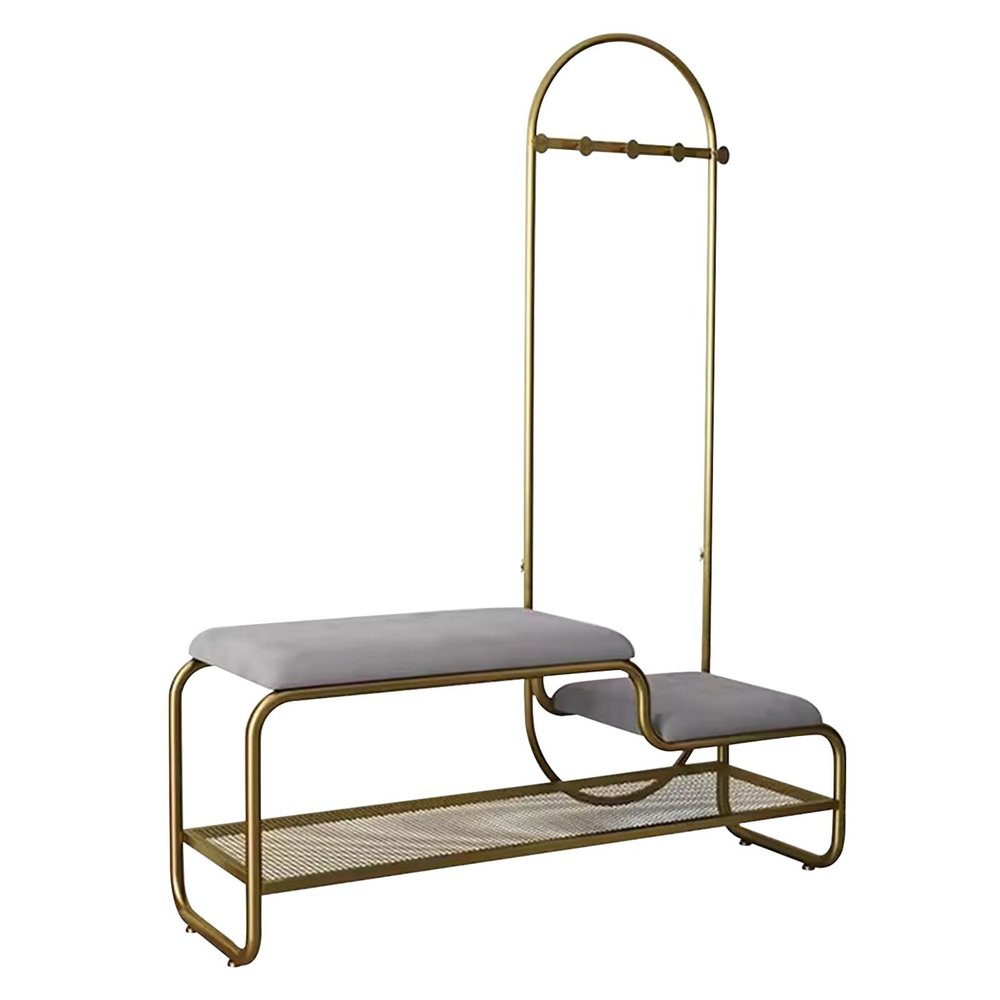GenSDH Entryway Shoe Bench with Coat Rack, Freestanding Hall Tree Storage Organizer with Hooks, Metal Frame, Velvet Cushion (Gray 100 x 32 x 150 cm), Grey