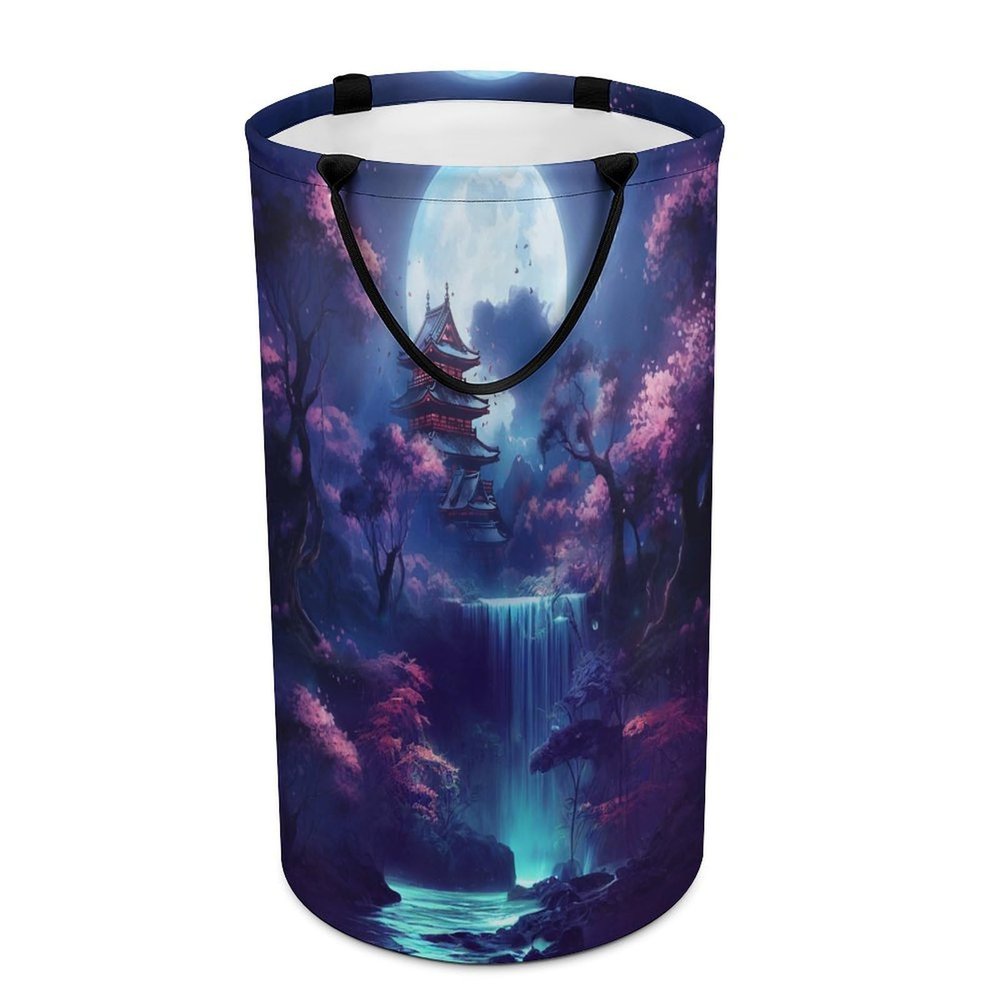 Watercolor Fantasy Nature Landscape Laundry Basket Large Volume,Modern Aesthetic Art Cabin Waterfall Japanese Cherry Blossom Full Moon Dirty Clothes Basket Hampers Storage Family 15.7W" X27.2H"
