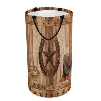 LNDDYTP Vintage Western Cowboy Horseshoe Print Laundry Hamper Dirty Clothes,Rustic Farm Wood Board Barn Door Texas Star Theme Large Laundry Basket Storage Basket For Bathroom 15.7W"" X27.2H""