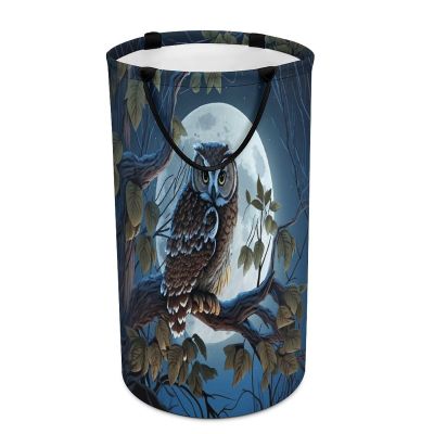 Watercolor Cartoon Moon Owl Laundry Hamper Dirty Clothes,Rustic Forest Animal Owl Bird Full Moon Large Laundry Basket Storage Basket For Bathroom 15.7W" X27.2H"
