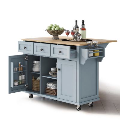 custonow Kitchen Island Cart with Rubber Wood Drop Leaf Countertop, Rolling Kitchen Island with Inside Cabinet, 3 Drawers, Spice Rack, Towel Rack and Wood Tabletop, 53.1" W * 29.5 D * 37.2 H (Blue)