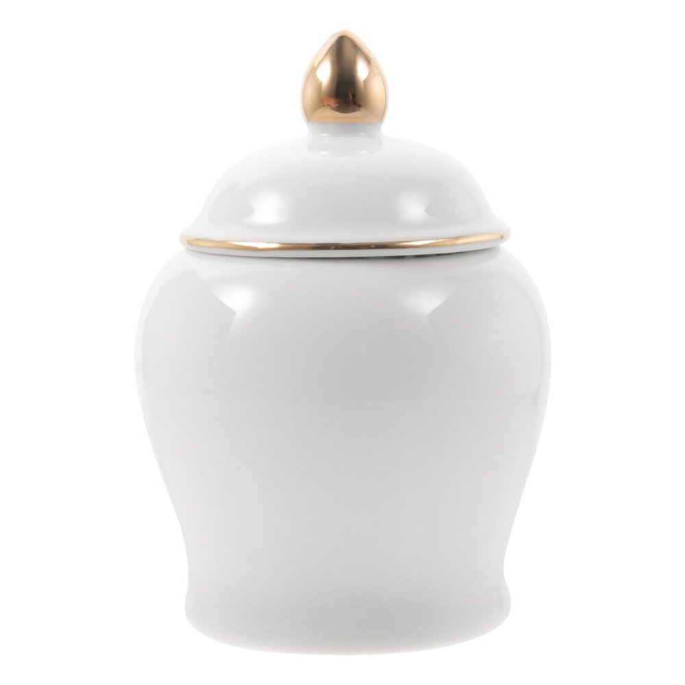 OKUMEYR Porcelain Tea Canister Mini Gold-trimmed Ceramic Storage Jar for Tea Leaves Snacks and Dry Foods Stylish Kitchen Canister for Home Organization White