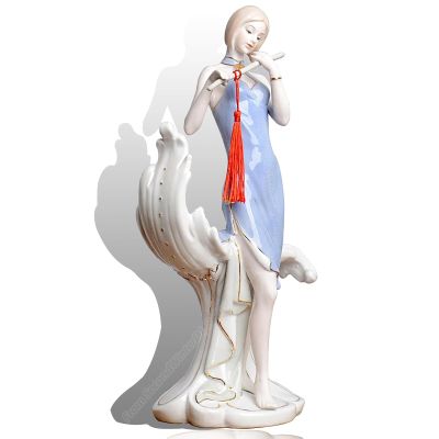 Ceramic Flute Girl Statues Musician Girls Figurines Porcelain Music Sculpture, Lady Home Decor, Elegant Art Figure Desktop Decorations, Collectible Great Gift Crafts, Ornaments for Home Party, Blue