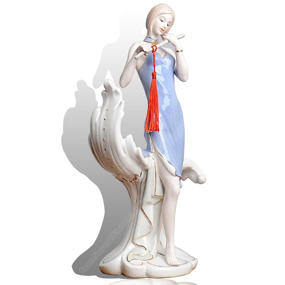 Ceramic Flute Girl Statues Musician Girls Figurines Porcelain Music Sculpture, Lady Home Decor, Elegant Art Figure Desktop Decorations, Collectible Great Gift Crafts, Ornaments for Home Party, Blue