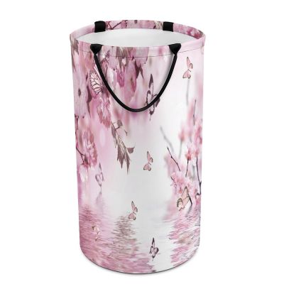 Rustic Spring Butterfly Florals Laundry Hamper Dirty Clothes,Pink Art Aesthetic Theme Tropical Forest Japanese Cherry Blossoms Large Laundry Basket Storage Basket For Bathroom 15.7W" X27.2H"