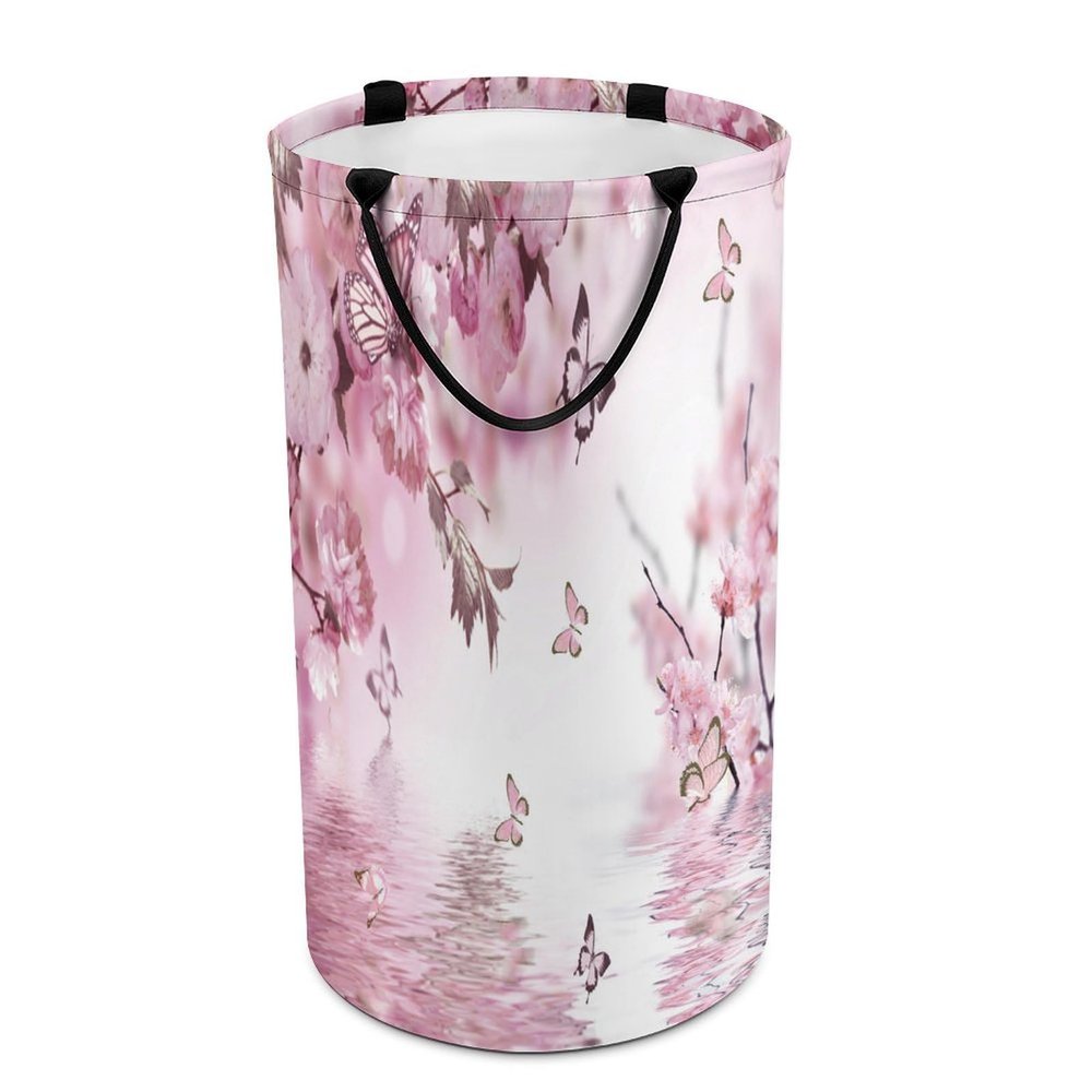 Rustic Spring Butterfly Florals Laundry Hamper Dirty Clothes,Pink Art Aesthetic Theme Tropical Forest Japanese Cherry Blossoms Large Laundry Basket Storage Basket For Bathroom 15.7W" X27.2H"